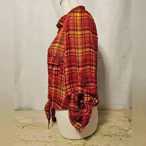 Excuse Me Miss Juniors Orange/Gold/Maroon/Black Plaid Polyester Blouse Large - Picture 7 of 9